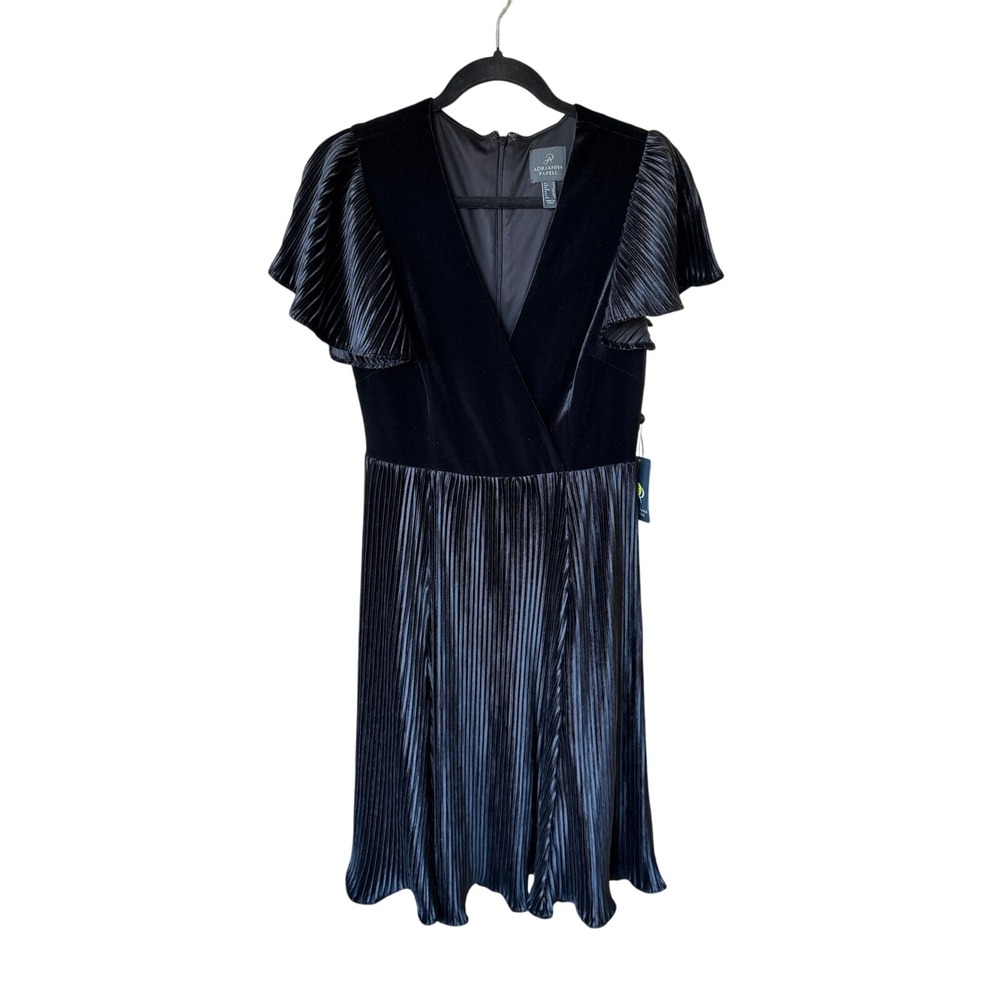 Adrianna Papell Black Velvet Pleated Flutter Sleeve‎ Midi Dress Size 4